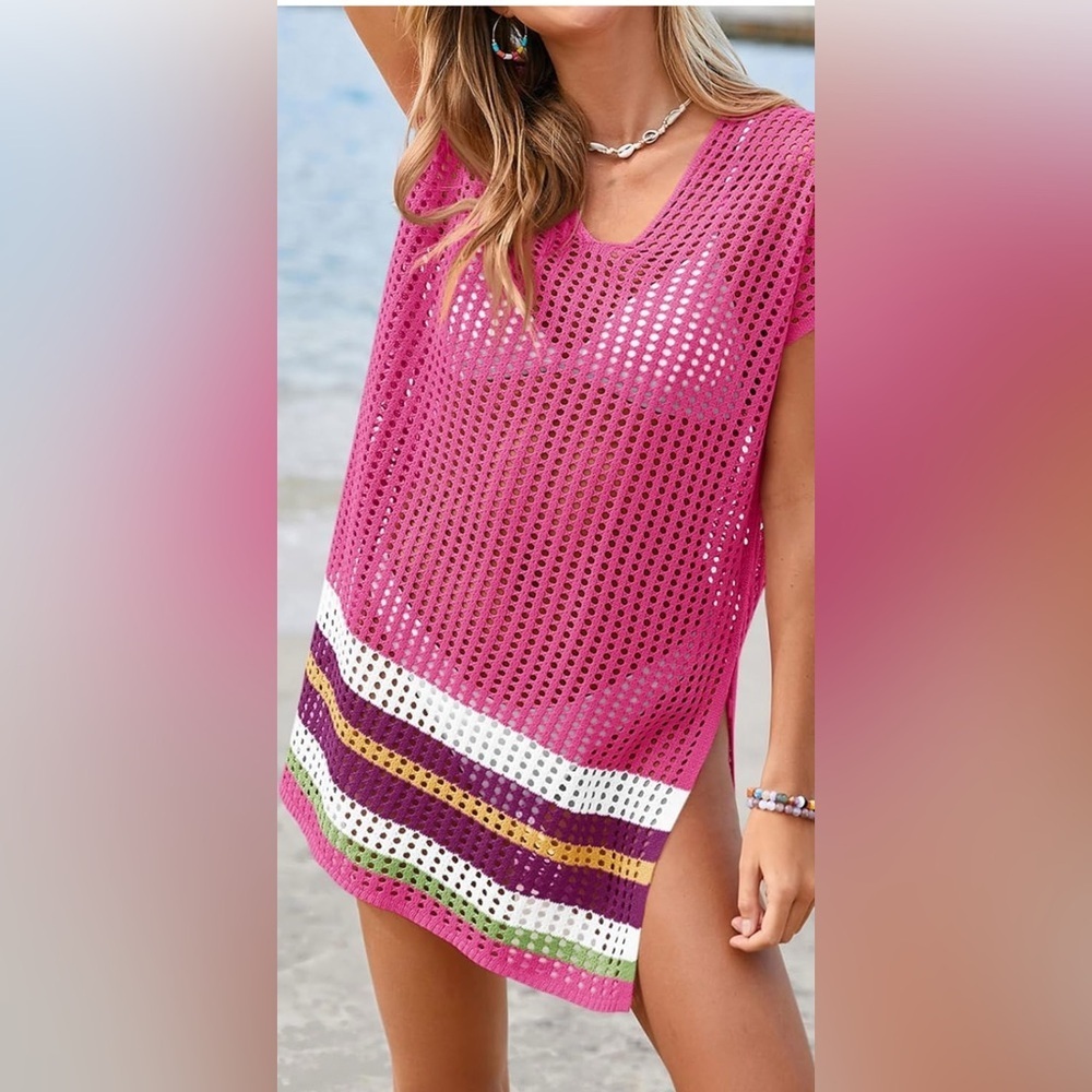 New-XL-crocheted Pink Mesh Beach Cover-Up
V Neck Swimwear  Mesh Mini Dress - Picture 3 of 6